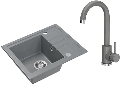 VBChome Spülbecken Granit Grau mit Armatur 55 x 44 cm Einzelbecken Einbauspüle Gesprenkelt Reversibel Granitspüle Siphon Waschbecken Spülbecken von VBChome