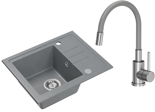 VBChome Spülbecken Granit Grau mit Armatur 55 x 44 cm Einzelbecken Einbauspüle Gesprenkelt Reversibel Granitspüle Siphon Waschbecken Spülbecken von VBChome