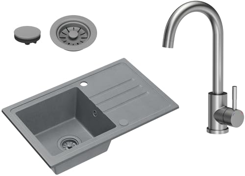 VBChome Spülbecken Granit Grau 70 x 44 cm Einbauspüle Einzelbecken Reversibel, inkl. Armatur Inox Edelstahl & Siphon Grau – Granitspüle Küche Gesprenkelt Waschbecken Set von VBChome