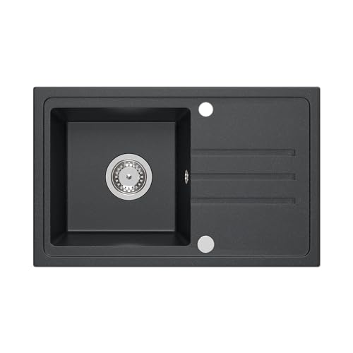 VBChome Spülbecken Granit Schwarz 70 x 44 cm Einzelbecken Einbauspüle Gesprenkelt Reversibel Granitspüle Siphon Waschbecken Schwarz von VBChome