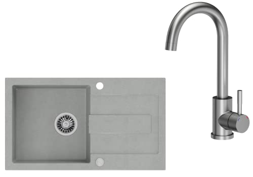 VBChome Spülbecken Grau mit Armatur 78 x 45 cm Granit Einzelbecken Einbauspüle Gesprenkelt Reversibel Modern Verbundspüle + Siphon Waschbecken von VBChome