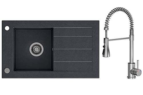 VBChome Spülbecken Premium 77x46 mit Armatur Schwarz Granitspüle Spüle Einbauspüle Abtropffläche Einzelbecken Pflegeleicht Siphon Modernes Modell von VBChome