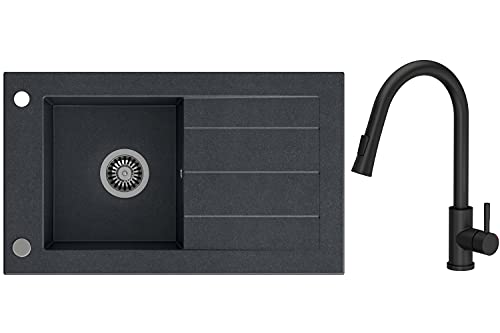 VBChome Spülbecken Premium 77x46 mit Armatur Schwarz Granitspüle Spüle Einbauspüle Abtropffläche Einzelbecken mit Siphon Fleckenabweisend Pflegeleicht Modernes Modell von VBChome