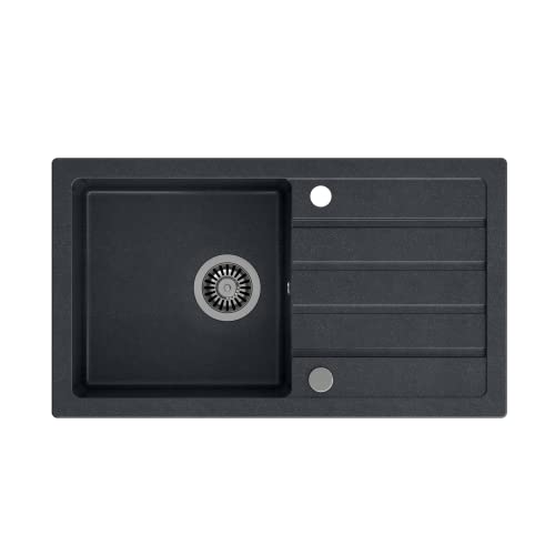 VBChome Spülbecken mit 77 x 44 cm Schwarz Spüle Einzelbecken Küche Einbauspüle Verbundspüle Küchenspüle gesprenkelt flächenbündig Siphon Waschbecken von VBChome