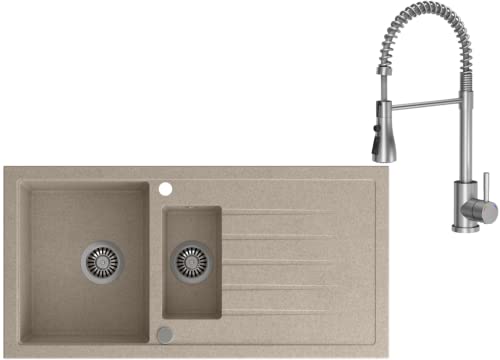 VBChome Spülbecken mit Armatur 100 x 50 cm Einzelbecken Beige Granit Rechteckig Reversibel Einbauspüle Gesprenkelt Großes Tiefes Becken Siphon Armatur von VBChome