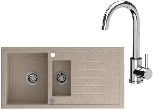 VBChome Spülbecken mit Armatur 100 x 50 cm Einzelbecken Beige Granit Rechteckig Reversibel Einbauspüle Gesprenkelt Großes Tiefes Becken Siphon Armatur von VBChome