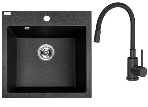 VBChome Spülbecken mit Armatur 49 x 49 cm Schwarz Spüle Einzelbecken Küche Einbauspüle Verbundspüle Küchenspüle Gesprenkelt Siphon Waschbecken Mattschwarze Küchenarmatur mit flexiblem Auslauf von VBChome