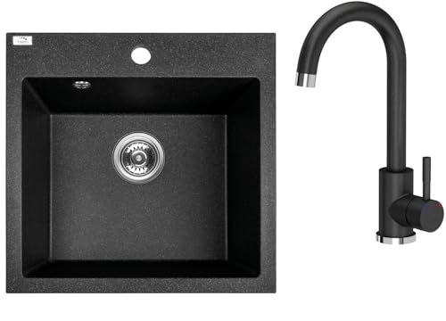 VBChome Spülbecken mit Armatur 49 x 49 cm Schwarz Spüle Einzelbecken Küche Einbauspüle Verbundspüle Küchenspüle Gesprenkelt Siphon Waschbecken von VBChome