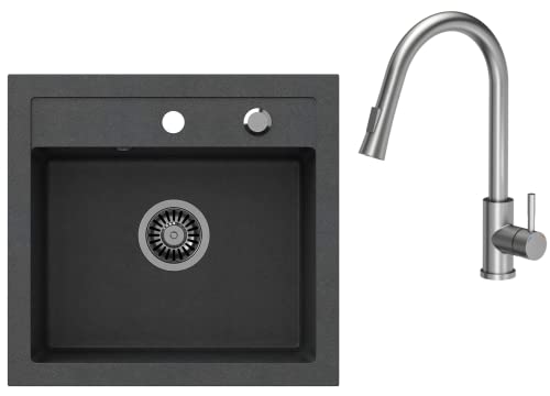 VBChome Spülbecken mit Armatur 50 x 47 cm Schwarz Granit Spüle Einzelbecken Küche Einbauspüle Verbundspüle Küchenspüle gesprenkelt Spülbecken Siphon Armatur von VBChome