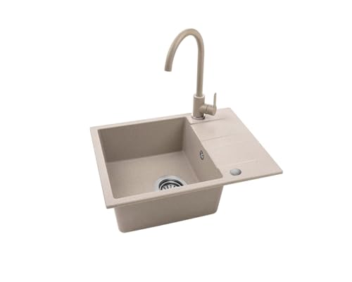 VBChome Spülbecken mit Armatur 56 x 44 cm Beige Granit Einzelbecken Einbauspüle Gesprenkelt Reversibel Granitspüle Siphon Waschbecken von VBChome