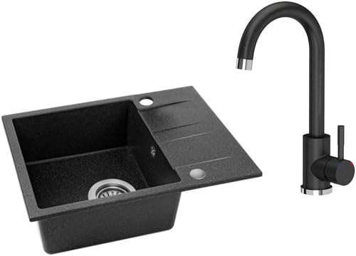 VBChome Spülbecken mit Armatur 56 x 44 cm Schwarz Granit Einzelbecken Einbauspüle Gesprenkelt Reversibel Granitspüle Siphon Waschbecken Schwarz mit Armatur VBChome Spülbecken mit Armatur 56 x 44 cm Schwarz Granit Einzelbecken Einbauspüle Gesprenkelt Reversibel Granitspüle Siphon Waschbecken Schwarz mit Armatur von VBChome