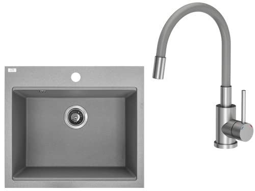 VBChome Spülbecken mit Armatur 57 x 50 cm Einzelbecken grau Granit rechteckig Einbauspüle gesprenkelt großes tiefes Becken Spüle aus Verbundwerkstoff + Siphon + Armatur von VBChome