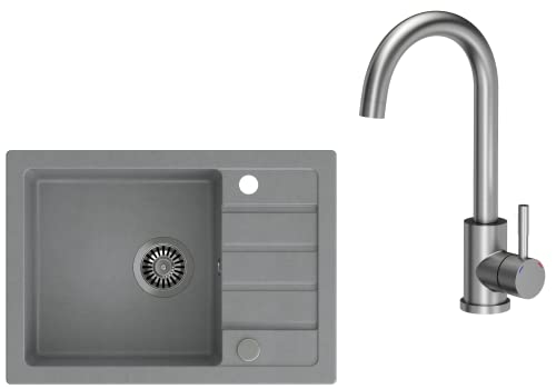 VBChome Spülbecken mit Armatur 62 x 44 cm Grau Spüle Einzelbecken Küche Einbauspüle Verbundspüle Küchenspüle gesprenkelt flächenbündig Siphon Waschbecken von VBChome