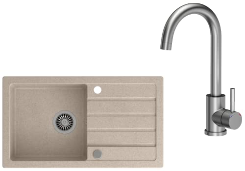VBChome Spülbecken mit Armatur 77 x 44 cm Beige Spüle Einzelbecken Küche Einbauspüle Verbundspüle Küchenspüle gesprenkelt flächenbündig Siphon Waschbecken von VBChome