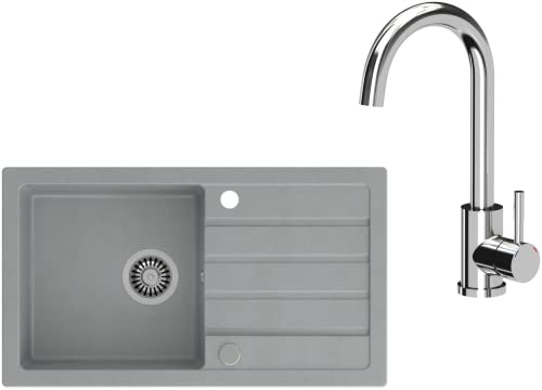 VBChome Spülbecken mit Armatur 77 x 44 cm Grau Spüle Einzelbecken Küche Einbauspüle Verbundspüle Küchenspüle gesprenkelt flächenbündig Siphon Waschbecken von VBChome
