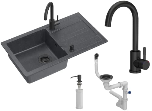 VBChome Spülbecken mit Armatur 77 x 44 cm Schwarz Granit Einbauspüle Abtroffläche Gesprenkelt Verbundspüle Küchenarmatur + Siphon + Spülmittelspender von VBChome