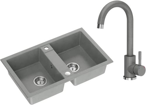 VBChome Spülbecken mit Armatur 78 x 48 cm Grau Doppelschüssel Granit Rechteckig Einbauspüle Gesprenkelt Großes Tiefes Becken Granitspüle + Siphon + Armatur von VBChome