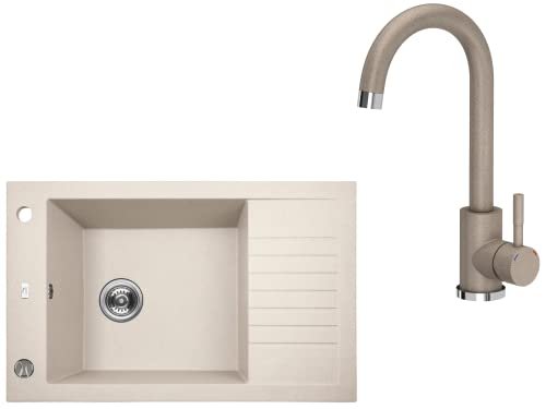 VBChome Spülbecken mit Armatur 78 x 50 cm Beige Granit Einzelbecken Einbauspüle gesprenkelt reversibel Verbundspüle + Siphon + Armatur (Beige + Armatur 3) von VBChome