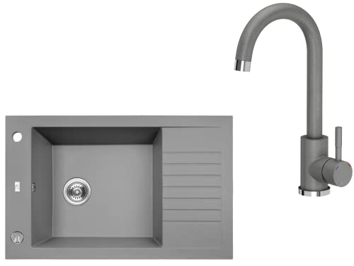 VBChome Spülbecken mit Armatur 78 x 50 cm Grau Granit Einzelbecken Einbauspüle gesprenkelt reversibel Verbundspüle + Siphon + Armatur von VBChome