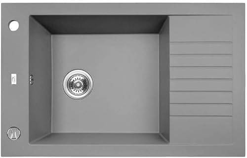 VBChome Spülbecken mit Armatur 78 x 50 cm Grau Granit Einzelbecken Einbauspüle gesprenkelt reversibel Verbundspüle + Siphon von VBChome