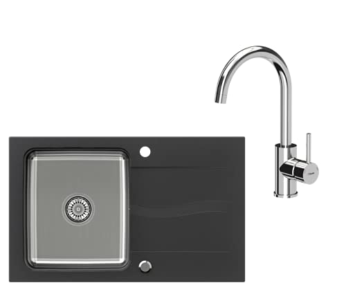 VBChome Spülbecken mit Armatur 78x48 Schwarz Granit Edehlstahlbecken Küchenspüle Siphon reversibel gesprenkelt Verbundabtropffläche Abtroffläche Einbauspüle Einzelbecken Modern Wasserhahn Chrom von VBChome