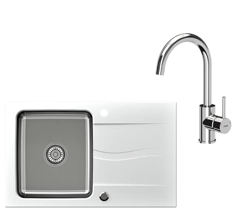 VBChome Spülbecken mit Armatur 78x48 Weiß Granit Edehlstahlbecken Küchenspüle Siphon reversibel Verbundabtropffläche Abtroffläche Einbauspüle Einzelbecken Modern Wasserhahn Chrom von VBChome