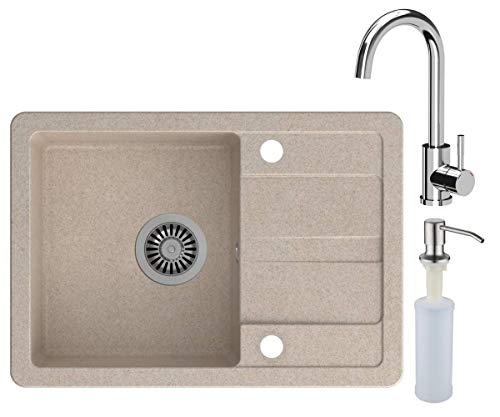 VBChome Spülbecken mit Armatur Beige 62 x 44 cm Granit Einzelbecken Einbauspüle Abtroffläche gesprenkelt reversibel Verbundspüle Wasserhahn Hochglanz Küchenarmatur + Siphon + Spülmittelspender von VBChome