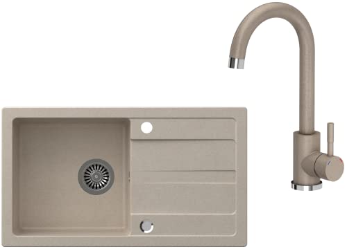 VBChome Spülbecken mit Armatur Beige 77x44 cm - Granit Einbauspüle mit Einzelbecken und Abtropffläche - Reversibel - Gesprenkelt - Inkl. Küchenarmatur und Siphon von VBChome
