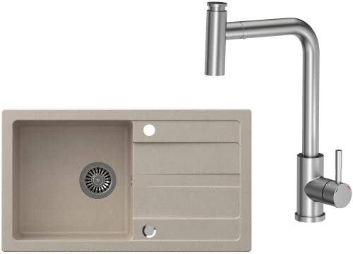 VBChome Spülbecken mit Armatur Beige 77 x 43,5 cm Granit Einzelbecken Einbauspüle Abtroffläche Gesprenkelt Reversibel Verbundspüle Küchenarmatur + Siphon von VBChome