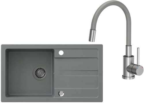 VBChome Spülbecken mit Armatur Grau 77 x 43,5 cm Granit Einzelbecken Einbauspüle Abtroffläche Gesprenkelt Reversibel Verbundspüle Küchenarmatur + Siphon von VBChome