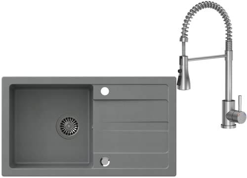 VBChome Spülbecken mit Armatur Grau 77 x 43,5 cm Granit Einzelbecken Einbauspüle Abtroffläche Gesprenkelt Reversibel Verbundspüle Küchenarmatur + Siphon von VBChome