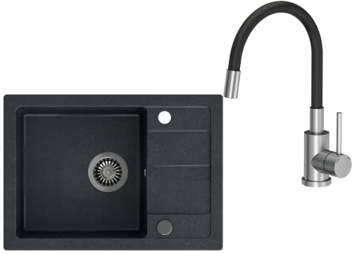 VBChome Spülbecken mit Armatur Schwarz 62 x 44 cm Granit Einzelbecken Einbauspüle Abtroffläche Gesprenkelt Reversibel Armatur Schwarz Verbundspüle + Siphon von VBChome