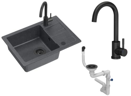 VBChome Spülbecken mit Armatur Schwarz 62 x 44 cm Granit Gesprenkelt Reversibel Verbundspüle Wasserhahn Küchenarmatur + Siphon von VBChome