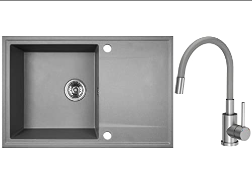 VBChome Spülbecken mit Armature 67x44 Grau Gesprenkelt Küchenspüle aus Granit Einbauspüle Abtropffläche Einzelbecken mit Siphon Fleckenbeständig Pflegeleicht Modern Flexibel Wasserhahn von VBChome