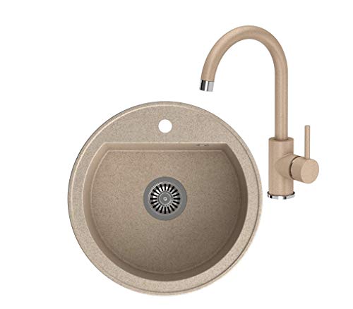 VBChome Spüle + Armatur 51 cm Beige Einbauspüle Einzelbecken gesprenkelt Spülbecken Waschbecken + Siphon + Wasserhahn Küchenarmatur Einhebel Mischbatterie von VBChome