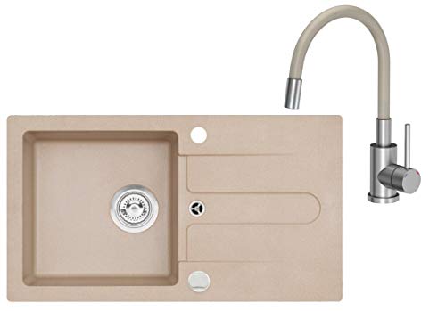 VBChome Spüle Beige 75 x 42 cm mit Spültischarmatur Granit Einzelbecken Einbauspüle gesprenkelt reversibel Verbundspüle + Siphon Wasserhahn Einhebel von VBChome