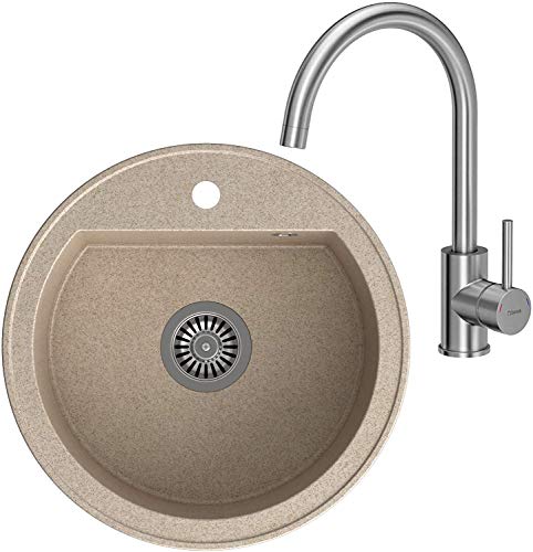 VBChome Spüle Granit 51 cm Einbauspüle Küchenspüle Beige gesprenkelt + Siphon Waschbecken + 360°drehbar U- Form Wasserhahn Küchenarmatur Einhebel Mischbatterie Kalt-warm von VBChome
