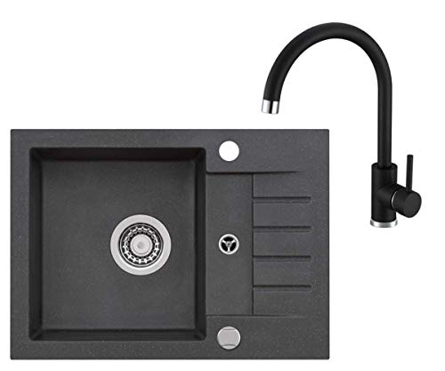 VBChome Spüle Schwarz 58 x 42 cm Spültischarmatur Granit Einzelbecken Einbauspüle gesprenkelt reversibel Verbundspüle Siphon Drexexcenter Wasserhahn Einhebel von VBChome