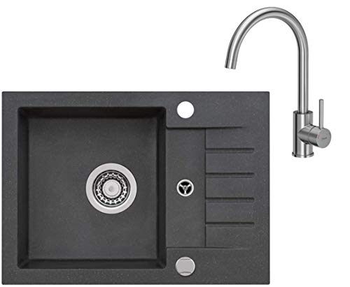 VBChome Spüle Schwarz 58 x 42 cm mit Spültischarmatur Granit Einzelbecken Einbauspüle gesprenkelt reversibel Verbundspüle + Siphon Wasserhahn Einhebel von VBChome