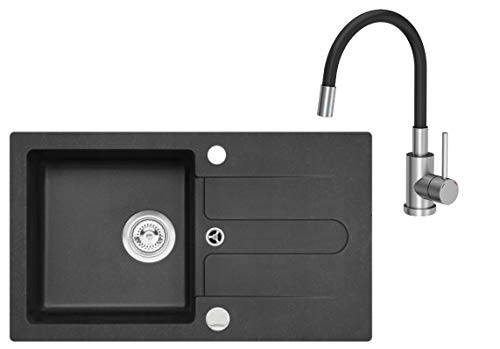 VBChome Spüle Schwarz 75 x 42 cm mit Spültischarmatur Granit Einzelbecken Einbauspüle gesprenkelt reversibel Verbundspüle + Siphon Wasserhahn Einhebel von VBChome