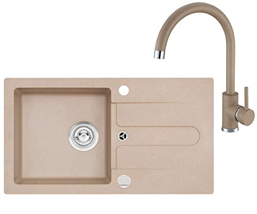 VBChome Spüle Schwarz 75 x 42 cm mit Spültischarmatur Granit Einzelbecken Einbauspüle gesprenkelt reversibel Verbundspüle + Siphon Wasserhahn Einhebel von VBChome
