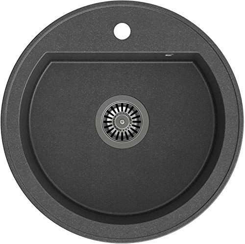 VBChome Spüle Schwarz 51 cm Round Spülbecken Einzelbecken Einbauspüle gesprenkelt reversibel + Siphon Waschbecken von VBChome