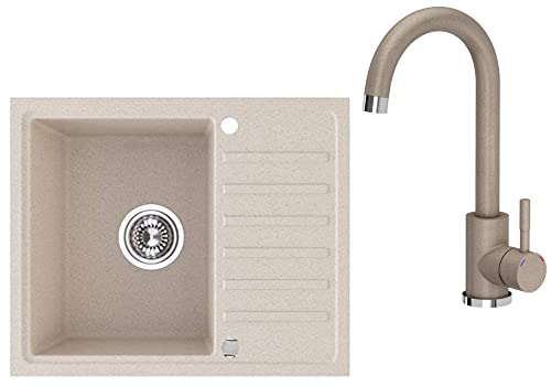 VBChome Spülbecken mit Armatur 60 x 44 cm Einzelbecken Beige Granit Rechteckig Reversibel Einbauspüle Gesprenkelt Großes Tiefes Becken Siphon Armatur Unterschranke ab 50 cm VBChome Spülbecken mit Armatur 60 x 44 cm Einzelbecken Beige Granit Rechteckig Reversibel Einbauspüle Gesprenkelt Großes Tiefes Becken Siphon Armatur Unterschranke ab 50 cm von VBChome
