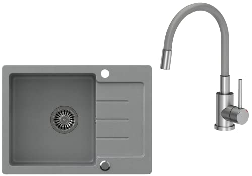 VBChome Spülbecken Grau Granit mit Armatur 60 x 44 cm Einzelbecken Einbauspüle gesprenkelt reversibel Verbundspüle + Siphon Waschbecken Spültischmischer mit flexiblem Auslauf von VBChome