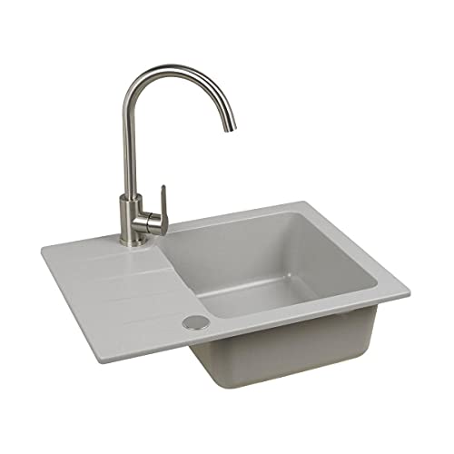 VBChome Spülbecken mit Armatur 60 x 44 cm Einzelbecken Grau Granit Rechteckig Reversibel Einbauspüle Gesprenkelt Großes Tiefes Becken Siphon Armatur Unterschranke ab 50 cm von VBChome