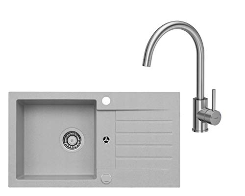 VBChome Spüle mit Armatur 75 x 42 cm Grau Spültischarmatur Granit Einzelbecken Einbauspüle gesprenkelt reversibel Verbundspüle Siphon Drexexcenter Wasserhahn Einhebel von VBChome