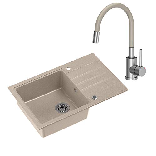 VBChome Spüle mit Armatur 78 x 50 cm Tiefes Becken 20cm Beige Küche Große Abtropfflache Einbauspüle Unterschränke ab 55 cm Verbundspüle Küchenspüle Einzelbecken + Siphon Flexibel Wasserhahn von VBChome