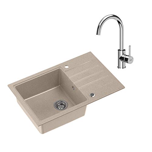 VBChome Spüle mit Armatur 78 x 50 cm Tiefes Becken 20cm Beige Küche Große Abtropfflache Einbauspüle Unterschränke ab 55 cm Verbundspüle Küchenspüle Einzelbecken + Siphon Wasserhahn Chrom von VBChome