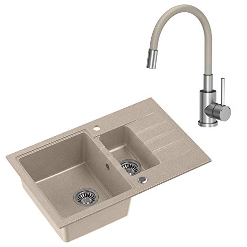 VBChome Spüle mit Armatur Beige 78 x 50 cm Tiefes Becken 20cm 1,5 Becken Küche Große Abtropfflache Einbauspüle ab 55 cm Gesprenkelt Verbundspüle Küchenspüle Einzelbecken + Siphon Flexibel Wasserhahn von VBChome