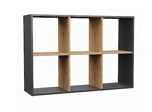 VBChome Standregal 110 x 75 x 30 cm Eiche Artisan - Antrazi Büroregal mit 6 Fächern Bücherregal Bücherschrank Holzwerkstoff Mehrzweckschrank für Flur Schlafzimmer Wohnzimmer Kinderzimmer 2x3 von VBChome